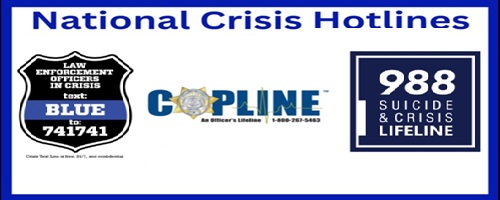 National Crisis Hotlines — Law Enforcement Assistance in Crisis, GOPLINE, 988 Suicide and Crisis Lifeline